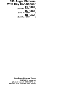 John Deere 890 Auger Platform With Hay Conditioner Operator's Manual (OME95792)