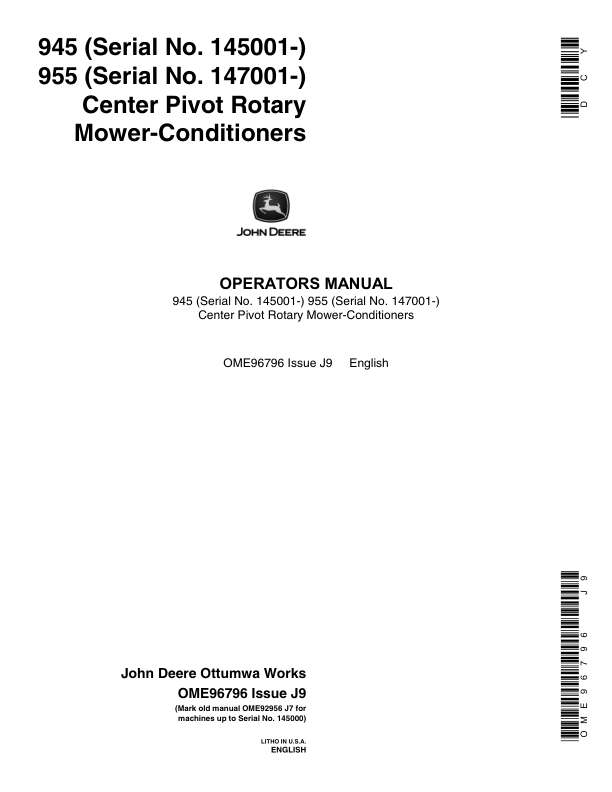 John Deere 945 (145001-), 955 (147001-) Center Pivot Mower-Conditioners Operator's Manual (OME96796)