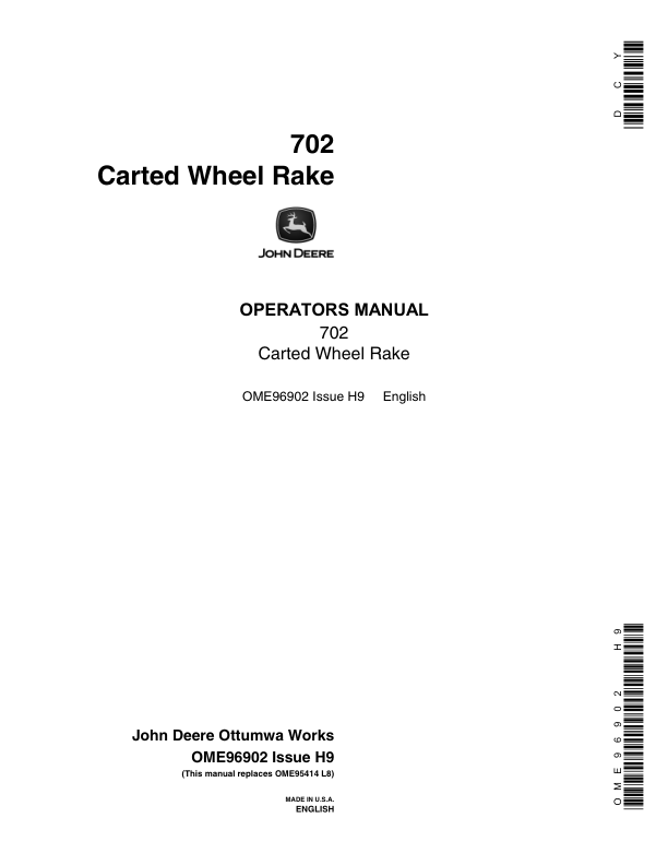 John Deere 702 Carted Wheel Rakes Operator's Manual (OME96902)