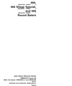 John Deere 466 (144301-), 466S (144901-), 566 (145601-) Round Balers Operator's Manual (OME97074)