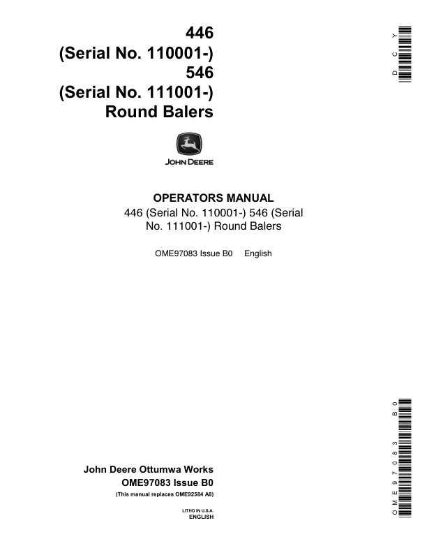 John Deere 446 (110001-), 546 (111001-) Round Balers Operator's Manual (OME97083)