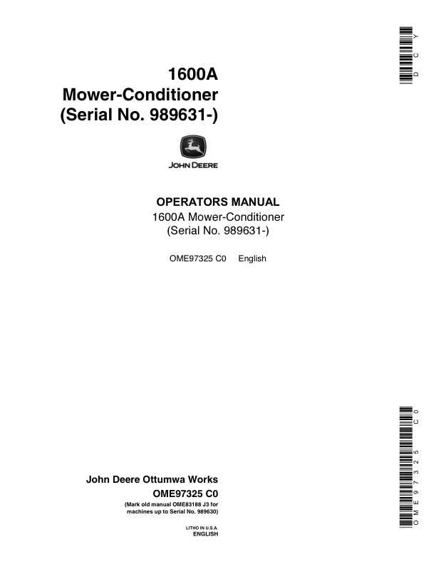 John Deere 1600A Mower Conditioner (989631-) Operator's Manual (OME97325)