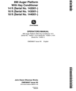 John Deere 890 Auger Platform With Hay Conditioner Operator's Manual (OME98007)