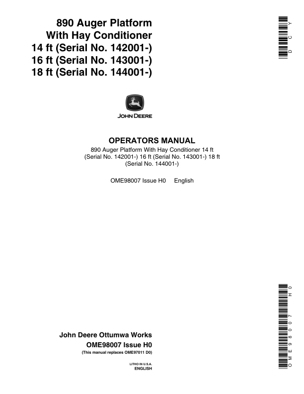 John Deere 890 Auger Platform With Hay Conditioner Operator's Manual (OME98007)