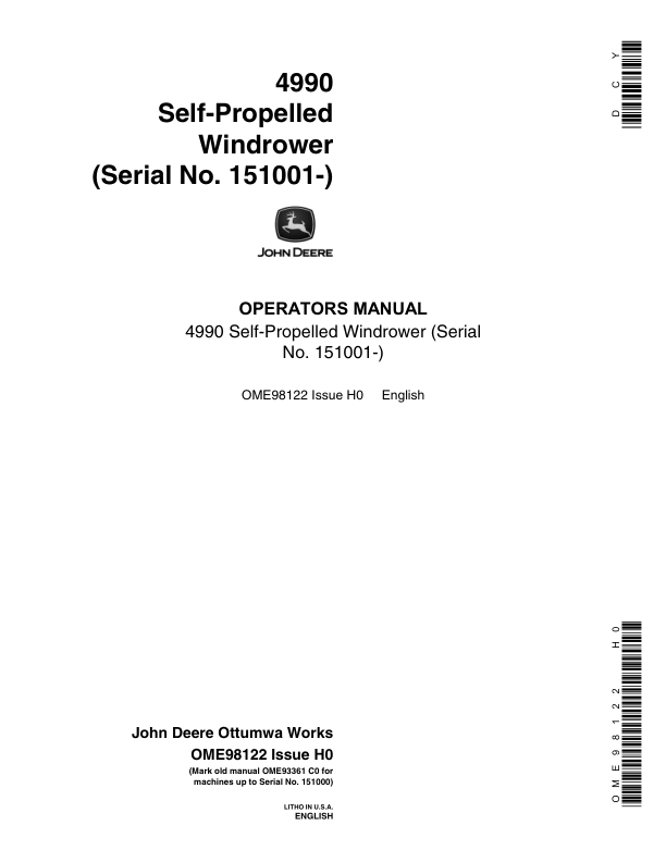 John Deere 4990 Self-Propelled Windorwer Operator's Manual (OME98122)