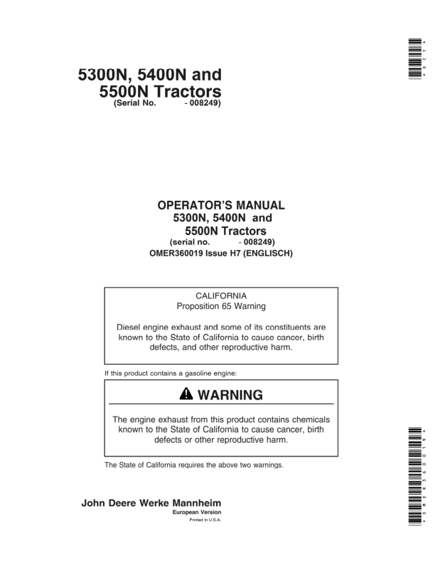 John Deere 5300N, 5400N & 5500N Tractors Operator's Manual (OMER360019)
