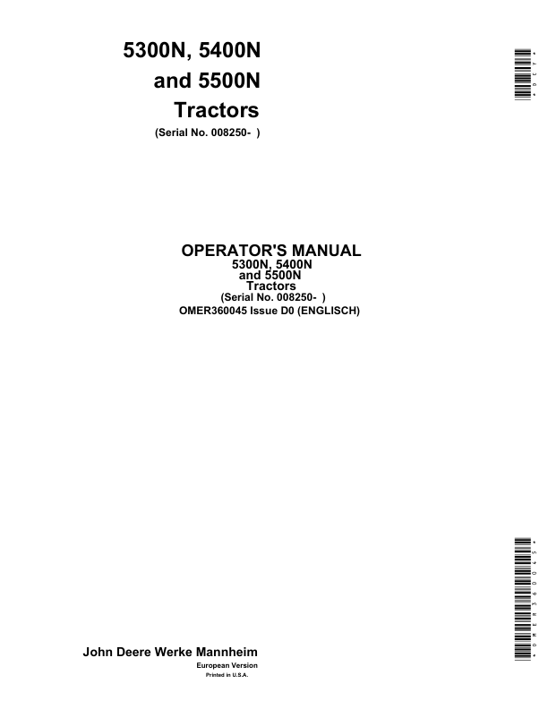 John Deere 5300N, 5400N & 5500N Tractors Operator's Manual (OMER360045)