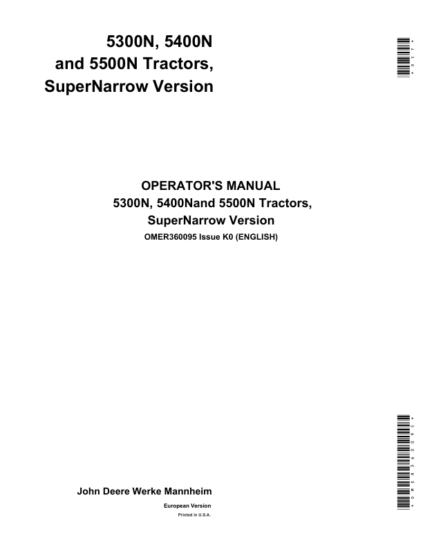 John Deere 5400N & 5500N Super Narrow Tractors (Manufactured in Mannheim ,Germany) Operator's Manual (OMER360095)