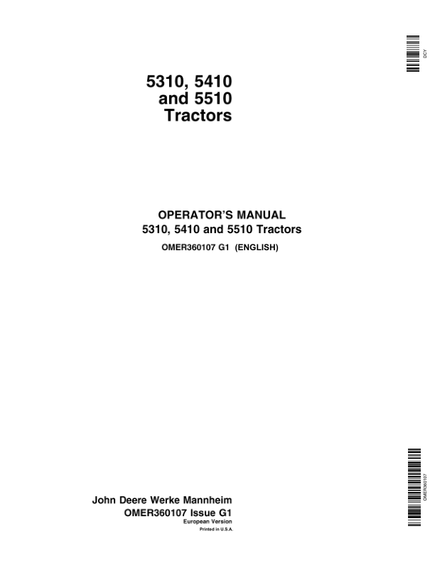John Deere 5310, 5410, 5510 Tractors Operator's Manual (OMER360107)