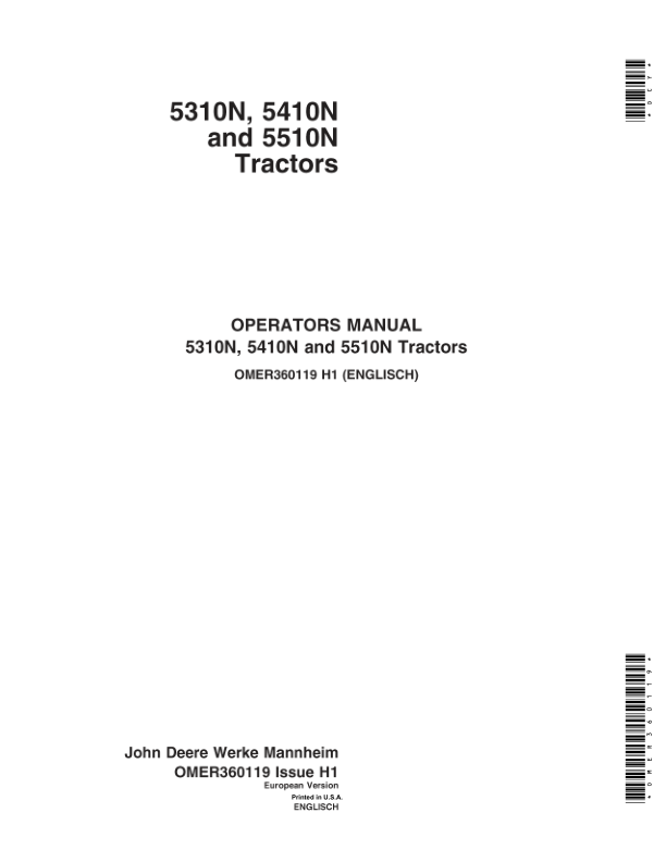 John Deere 5310N, 5410N & 5510N Tractors (Manufactured in Mannheim, Germany) Operator's Manual (OMER360119)