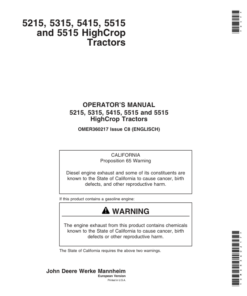 John Deere 5215, 5315, 5415, 5515 & 5515 HighCrop Tractors Operator's Manual (OMER360217)