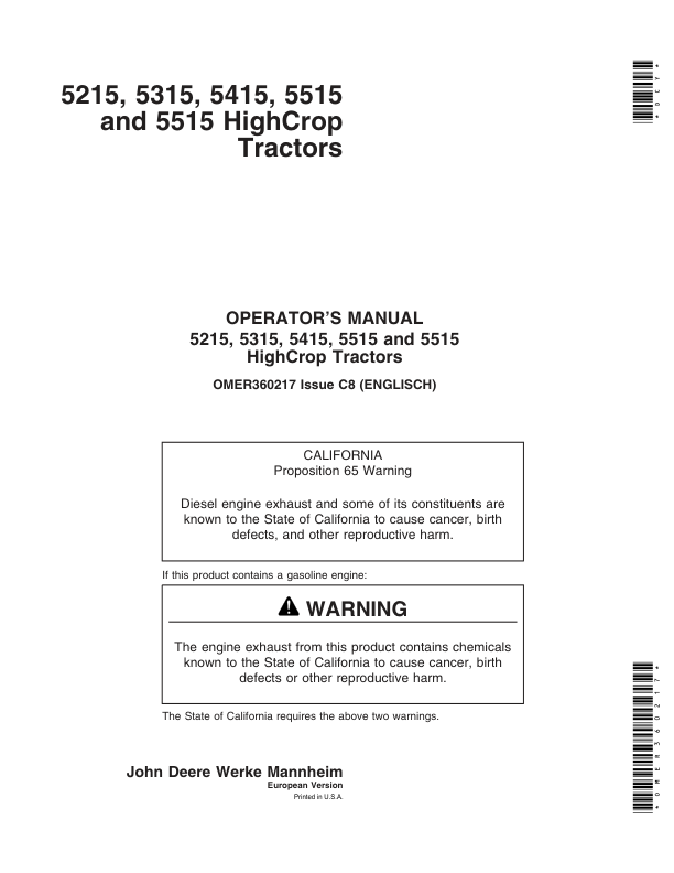 John Deere 5215, 5315, 5415, 5515 & 5515 HighCrop Tractors Operator's Manual (OMER360217)