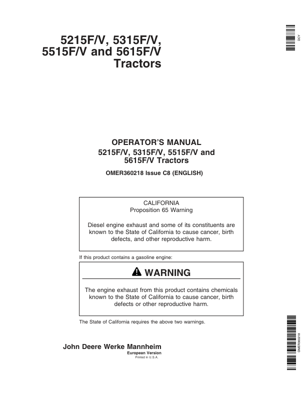 John Deere 5215F/V, 5315F/V, 5515F/V, 5615F/V Tractors Operator's Manual (OMER360218)