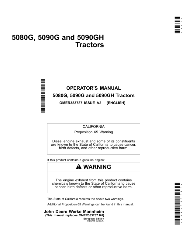John Deere 5080G, 5090G & 5090GH Tractors Operator's Manual (OMER383787)