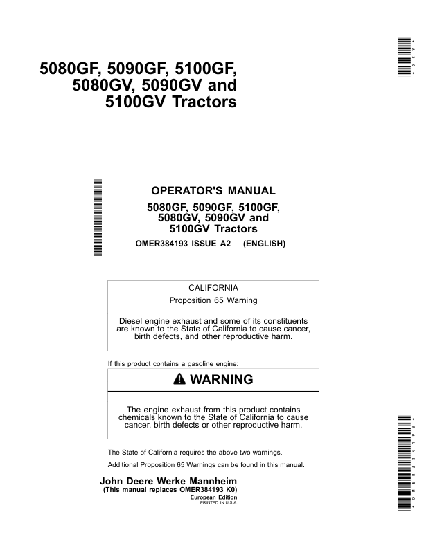 John Deere 5080GF, 5090GF, 5100GF, 5080GV, 5090GV & 5100GV Tractors Operator's Manual (OMER384193)