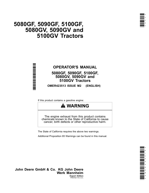 John Deere 5080GF, 5090GF, 5100GF, 5080GV, 5090GV, 5100GV Tractor (Australia Edition) Operator's Manual (OMER423513)