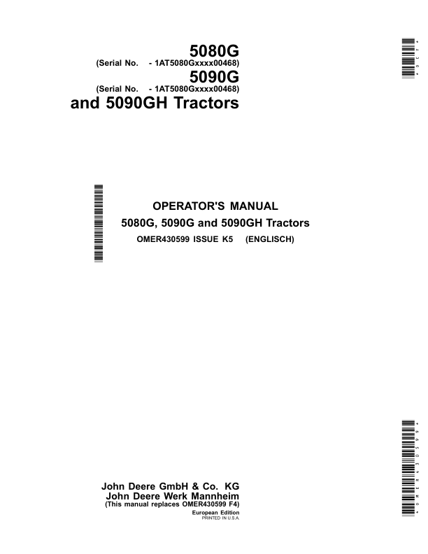 John Deere 5080G, 5090G, 5090GH Tractors (MY2014) Operator's Manual (OMER430599)