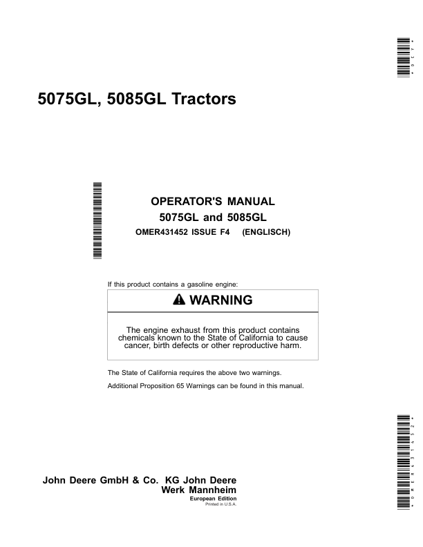 John Deere 5075GL, 5085GL Tractors Operator's Manual (OMER431452)
