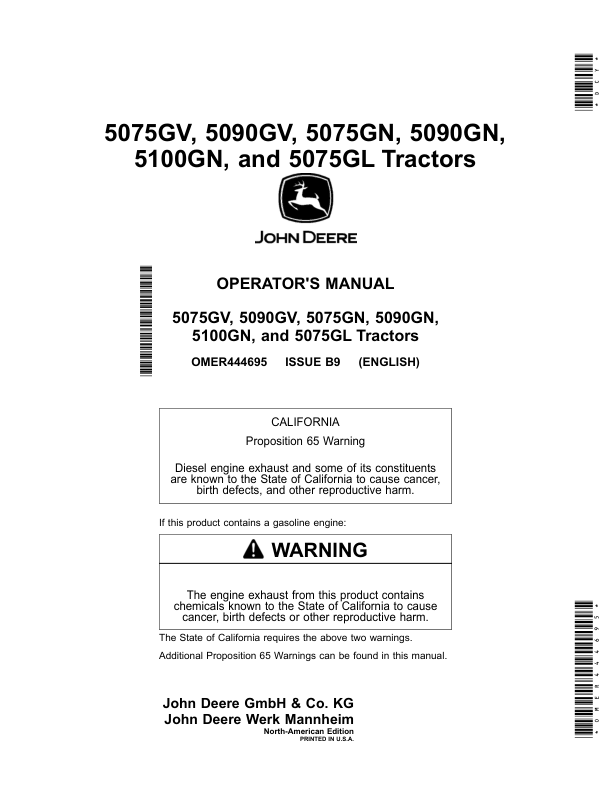 John Deere 5075GV, 5090GV, 5075GN, 5090GN, 5100GN, 5075GL Tractors Operator's Manual (OMER444695)