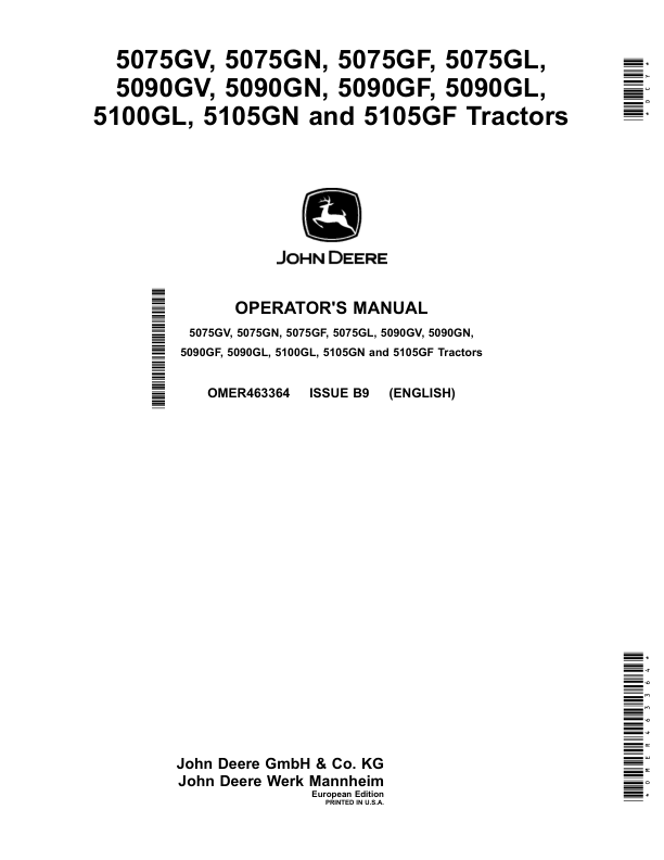 John Deere 5075GV, 5075GN, 5075GF, 5075GL, 5090GV, 5090GN, 5090GF, 5090GL, 5100GL, 5105GN, 5105GF Tractors (Engine F5D) iT4 Operator's Manual (OMER463364)