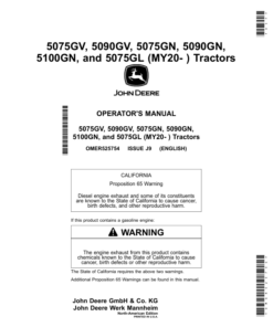 John Deere 5075GV, 5090GV, 5075GN, 5090GN, 5100GN, 5075GL Tractors Operator's Manual (OMER525754)