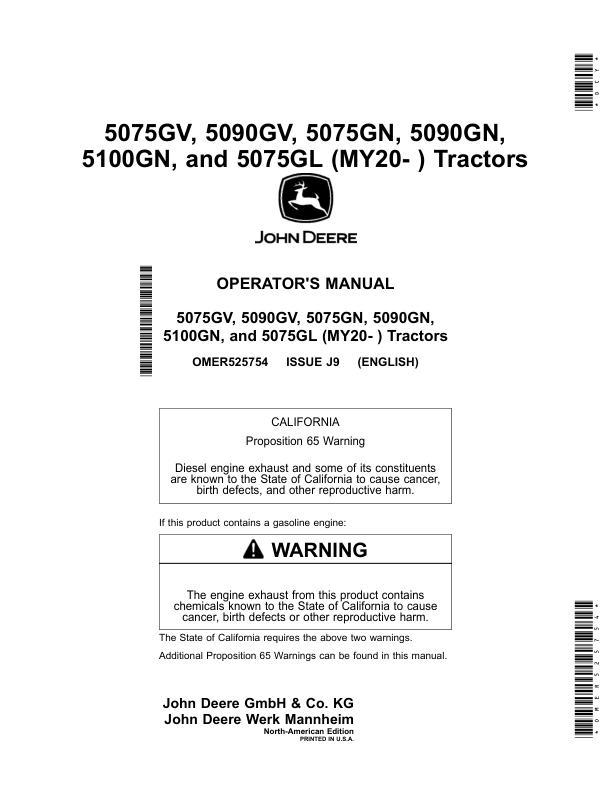John Deere 5075GV, 5090GV, 5075GN, 5090GN, 5100GN, 5075GL Tractors Operator's Manual (OMER525754)