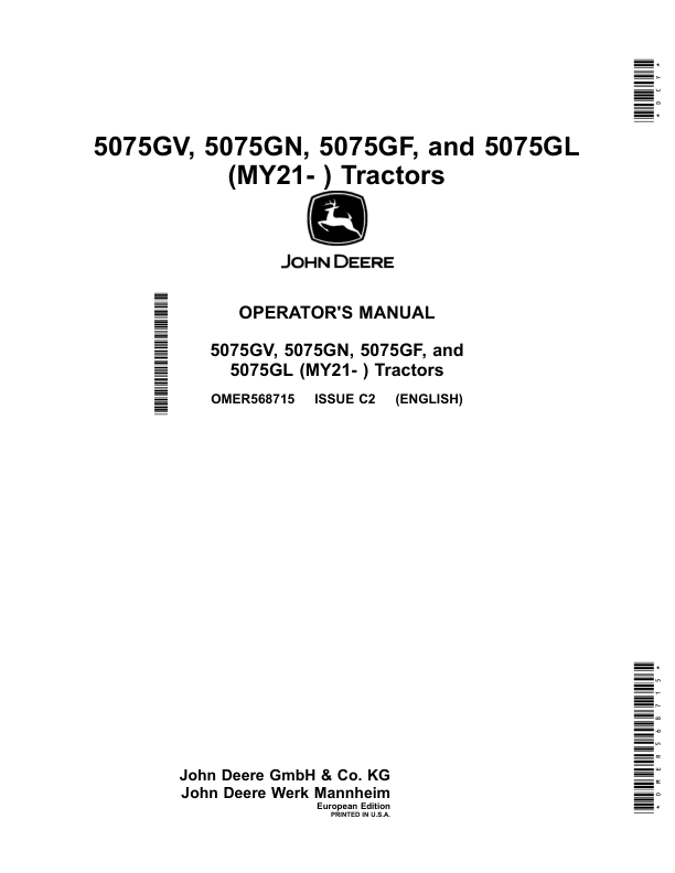 John Deere 5075GV, 5075GN, 5075GF, 5075GL (MY21-) Tractors (European Edition) Operator's Manual (OMER568715)