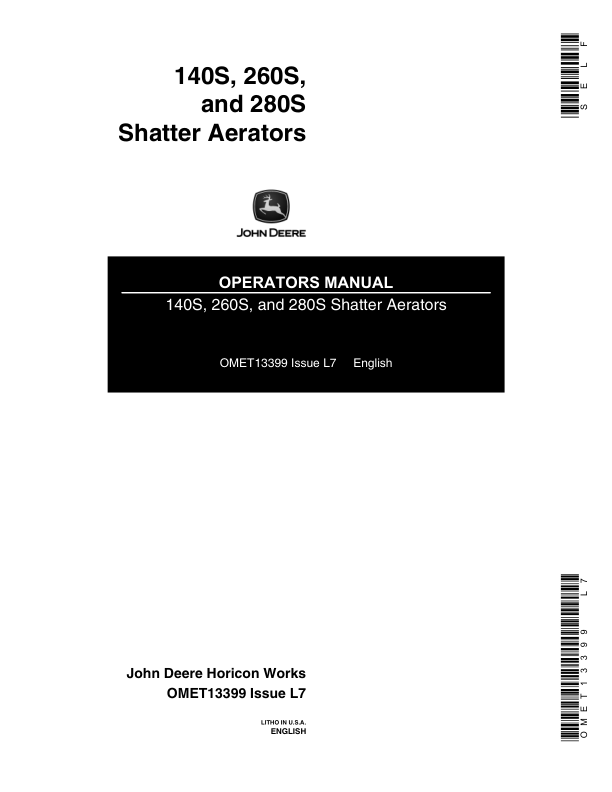 John Deere 140S, 260S, 280S Shatter Aerator Operator's Manual (OMET13399)