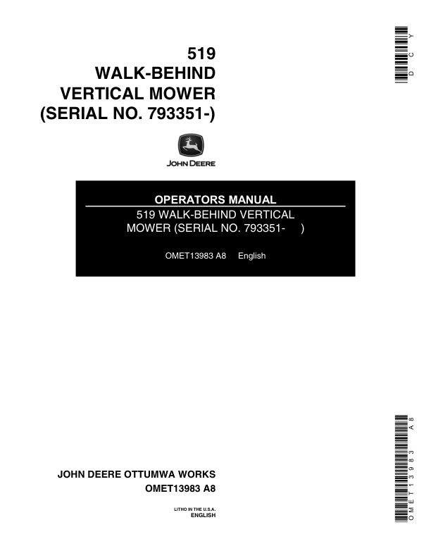 John Deere 519 Walk Behind Vertical Mower Operator's Manual (OMET13983)
