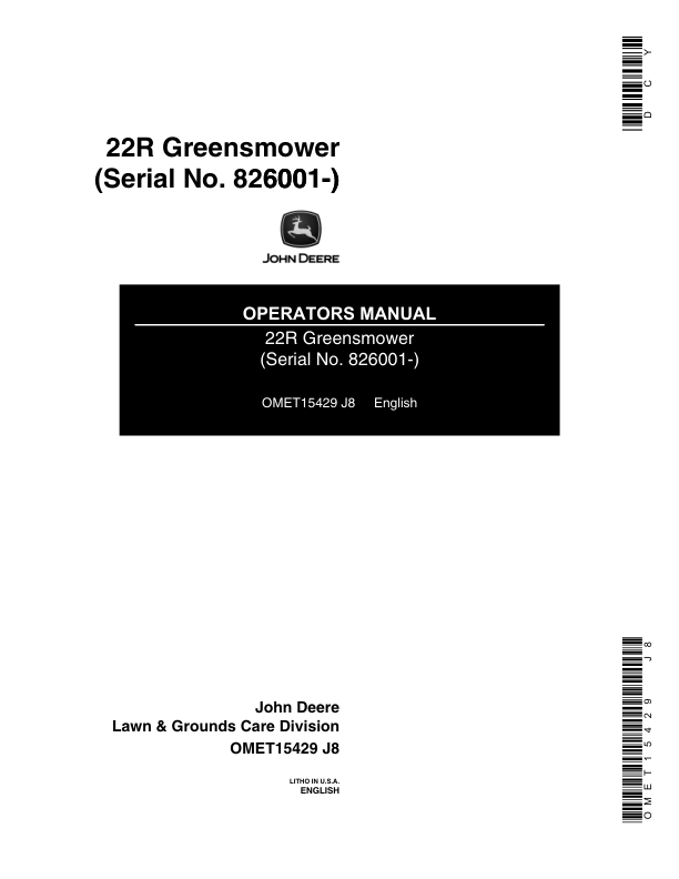 John Deere 22R Greensmower (760001-) Operator's Manual (OMET15429)