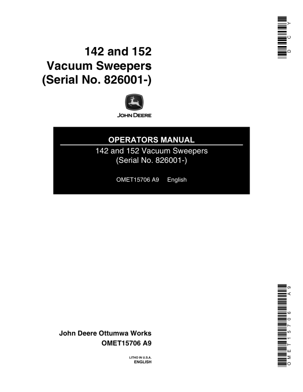 John Deere 142, 152 Lawn Sweepers Operator's Manual (OMET15706)
