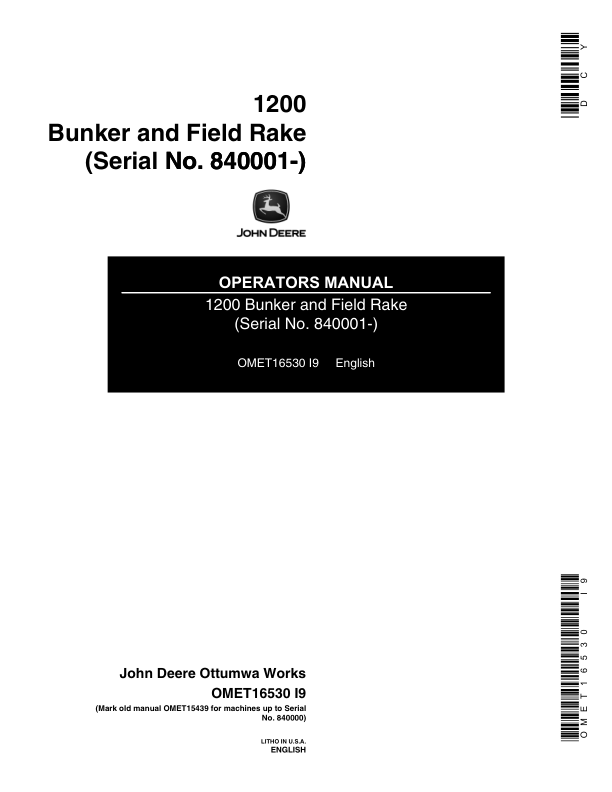 John Deere 1200 Bunker & Field Rake Operator's Manual (OMET16530)