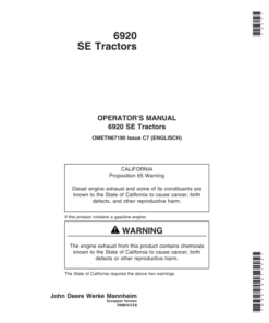 John Deere 6920SE Tractors Operator's Manual (OMETN67190)