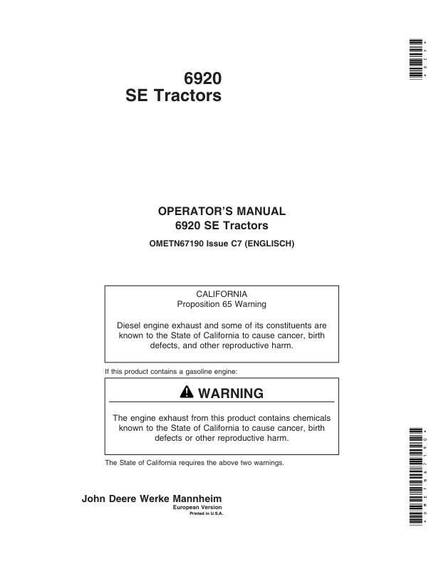 John Deere 6920SE Tractors Operator's Manual (OMETN67190)