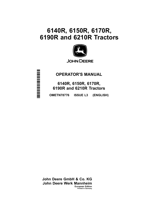 John Deere 6170R, 6190R, 6210R, 6140R, 6150R Tractors (European) Operator's Manual (OMETN78776)