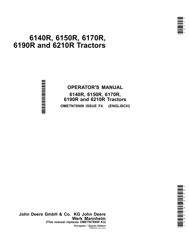 John Deere 6170R, 6190R, 6210R, 6140R, 6150R Tractors (European/Export) Operator's Manual (OMETN78900)