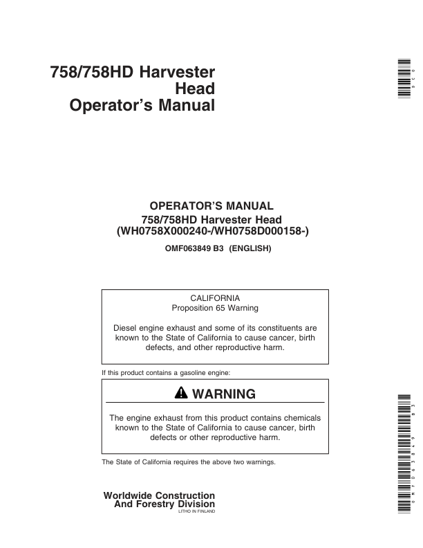 John Deere 758, 758HD Harvesting Heads Operator's Manuals (OMF063849)
