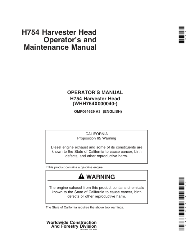 John Deere H754 Harvesting Heads Operator's Manuals (OMF064629)