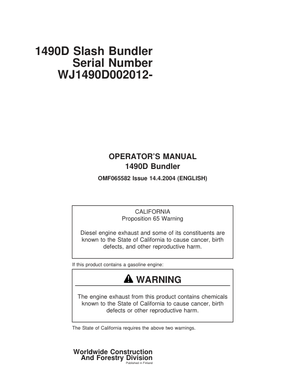 John Deere 1490D Energy Technology Operator's Manuals (OMF065582)
