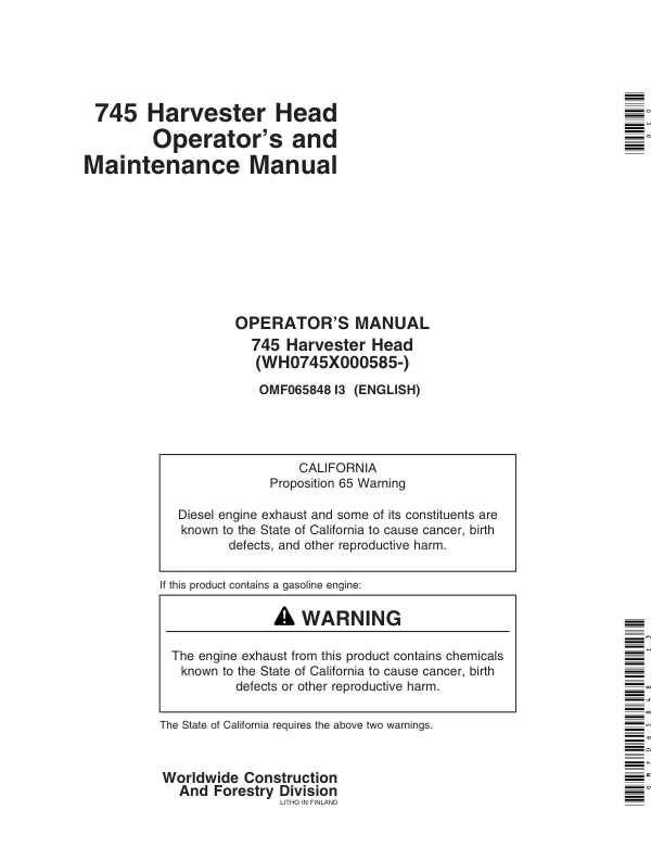 John Deere 745 Harvesting Heads Operator's Manuals (OMF065848)