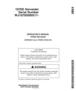 John Deere 1070D Wheeled Harvesters Operator's Manuals (OMF066532)