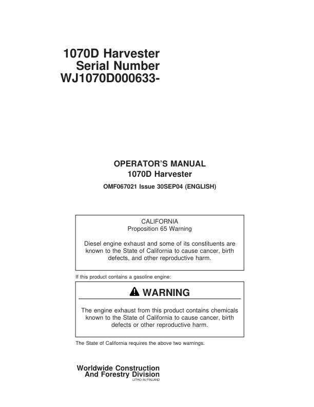 John Deere 1070D Wheeled Harvesters Operator's Manuals (OMF067021)