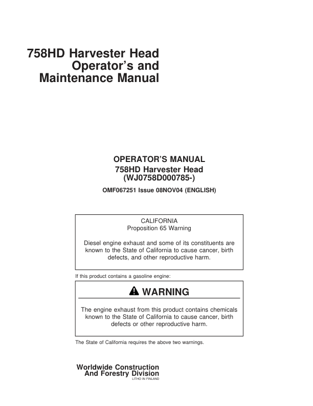 John Deere 758HD Harvesting Heads Operator's Manuals (OMF067251)