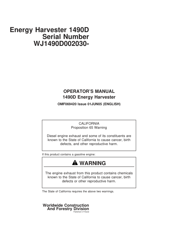 John Deere 1490D Energy Technology Operator's Manuals (OMF069420)