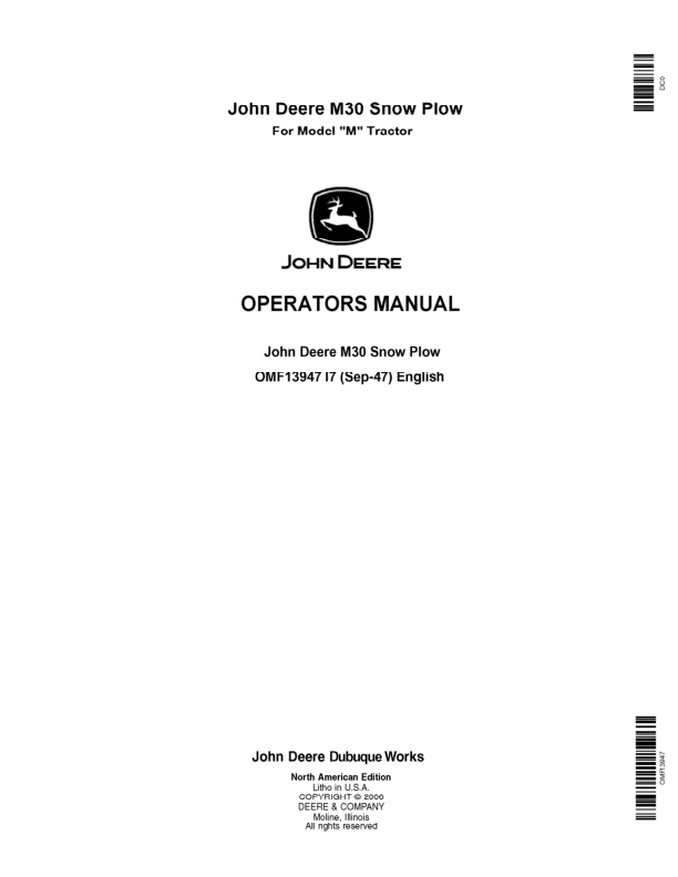 John Deere M30 Snow Plows Operator's Manuals (OMF13947)