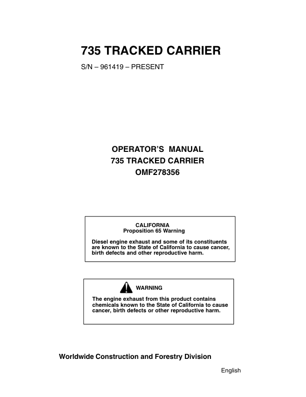 John Deere 735 Shovel Logger Operator's Manuals (OMF278356)