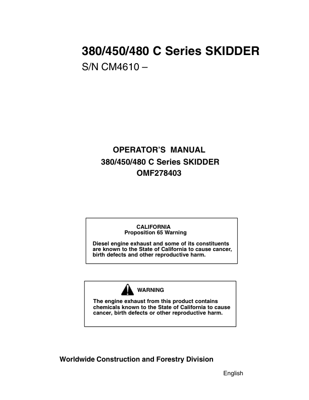 John Deere 480C, 450C, 380C Skidders Operator's Manuals (OMF278403)