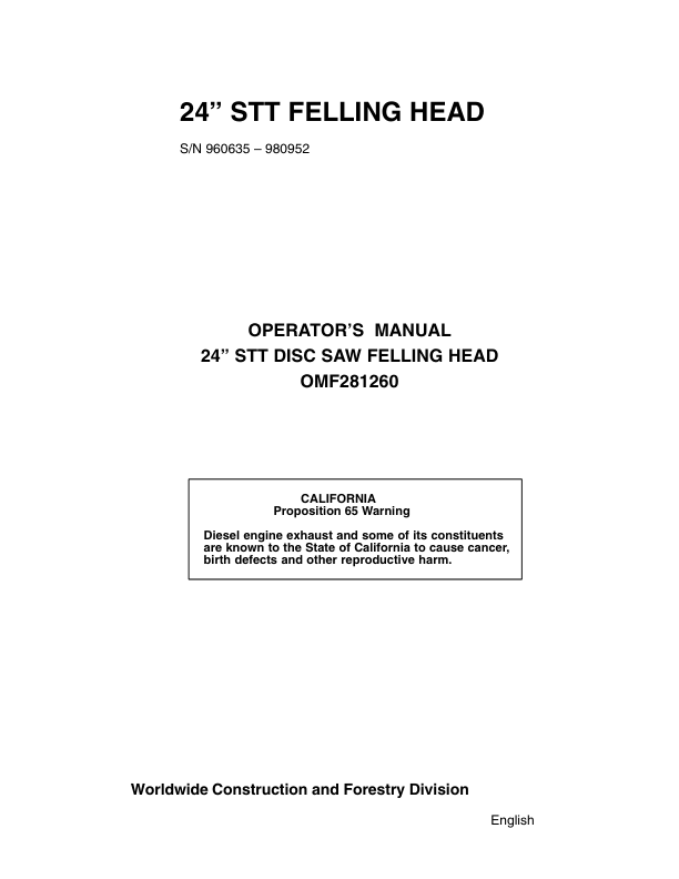 John Deere 24 INCH Felling Heads Operator's Manuals (OMF281260)