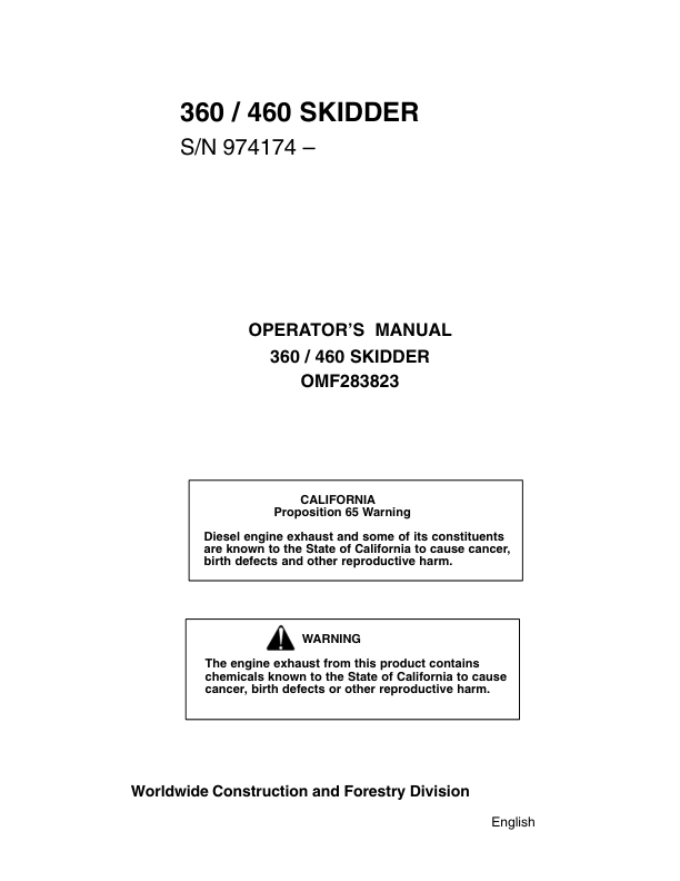 John Deere 460C, 360C Skidders Operator's Manuals (OMF283823)