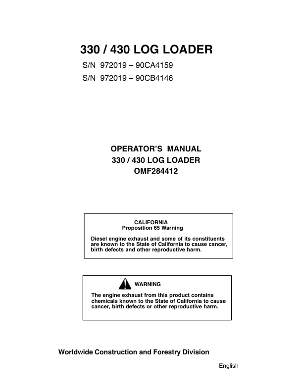 John Deere 430, 330 Knuckleboom Loader Operator's Manuals (OMF284412)